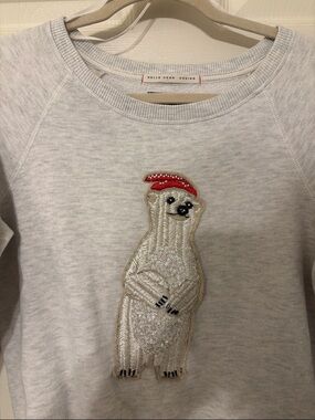 American Eagle Light Gray Christmas Sweater with Sequin Polar Bear Patch